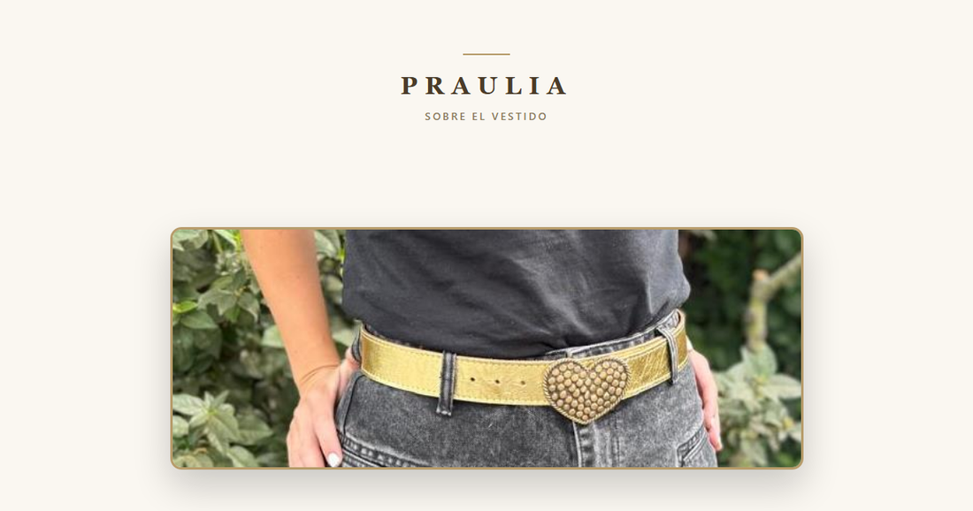 Detalle de un cinturón de cuero dorado con hebilla de corazón marcando la cintura sobre un look casual