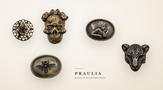 Cinco hebillas intercambiables de cinturón Praulia: rosa, catrina, querubín, abeja y leopardo
