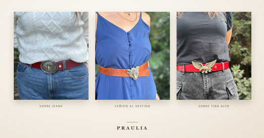 El mismo cinturón de cuero Praulia llevado sobre jeans, ceñido a un vestido y sobre pantalón de tiro alto